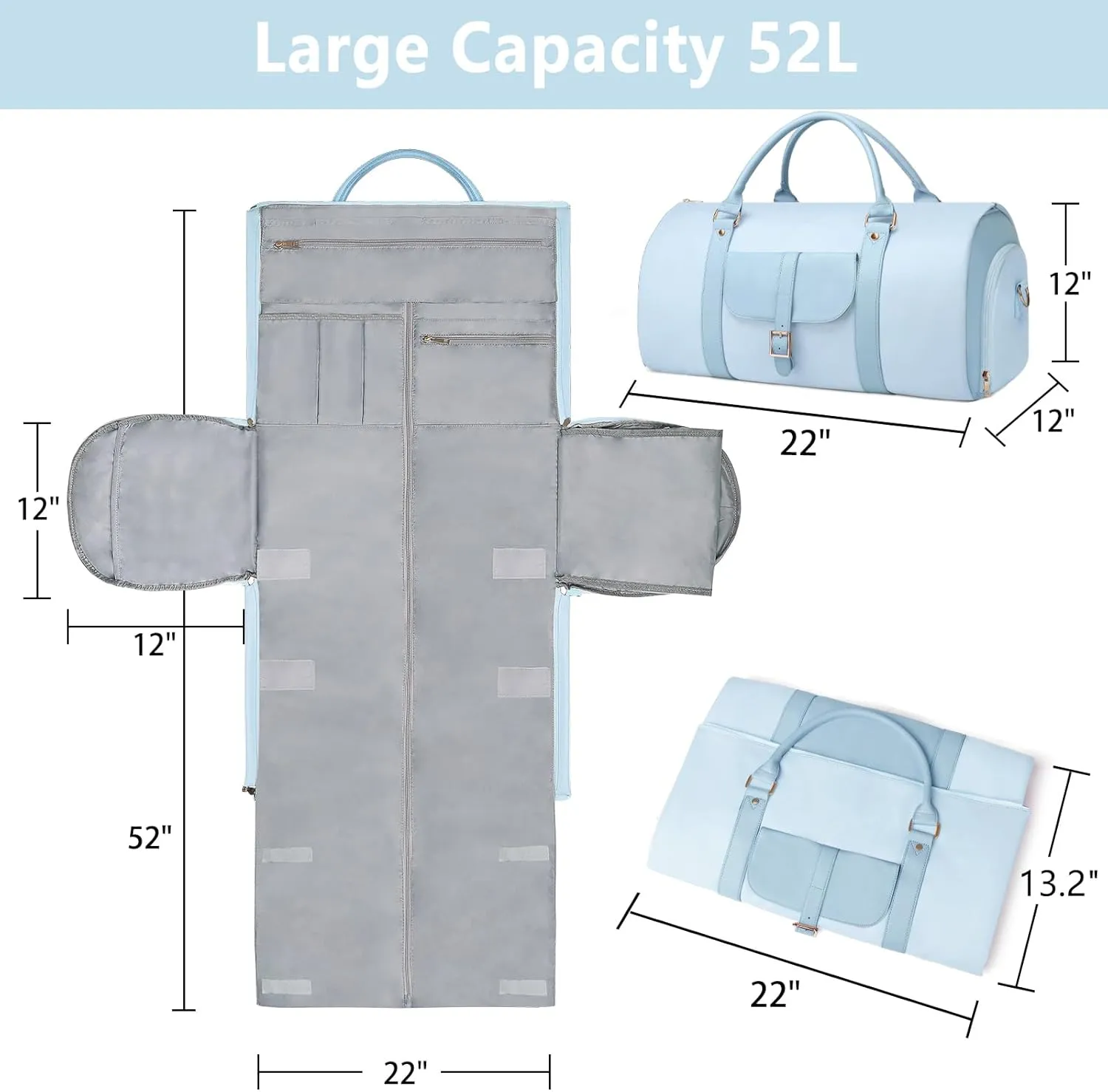 BOLOSTA 2 in 1 Convertible Garment Duffle Bags for Travel Foldable Carry On Garment Bag for Women with Shoe Compartment Leather Suit Bag for Hanging Clothes Long Dresses