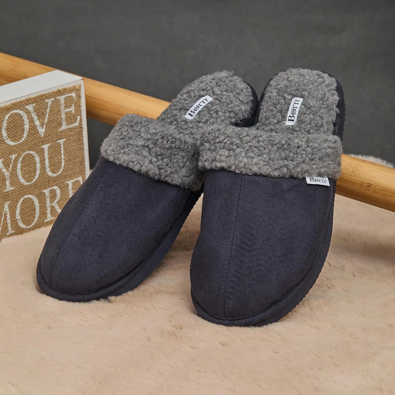 BORN Mens Scuff Slippers, Faux Suede House Slippers for Men with Fair Isle Knit or Sherpa Lining, Gifts For Him