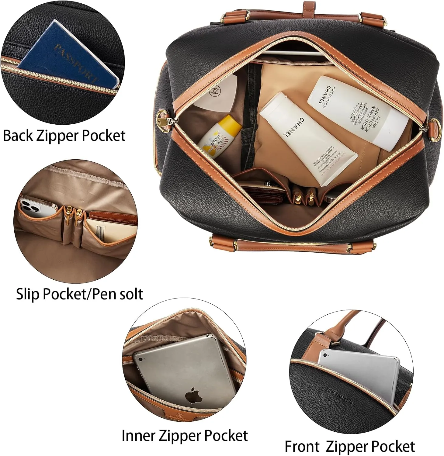 BOSTANTEN Weekender Bags for Women Leather Travel Duffle Bag Carry On Large Tote Duffel with Shoe Compartment and Trolley Sleeve
