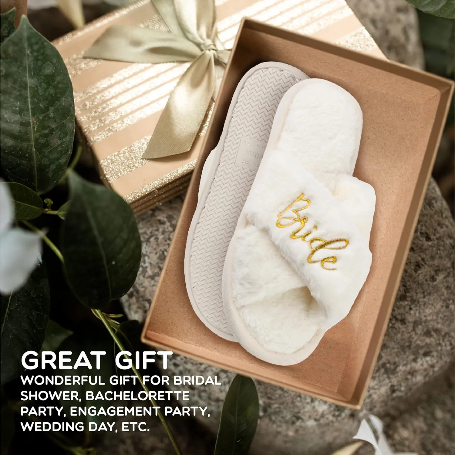 Bride Gifts – Cozy White Fur Bride Slippers and Pink Bridesmaid Slippers for Bridal Shower, Bachelorette Party, Engagement Party, Wedding Day