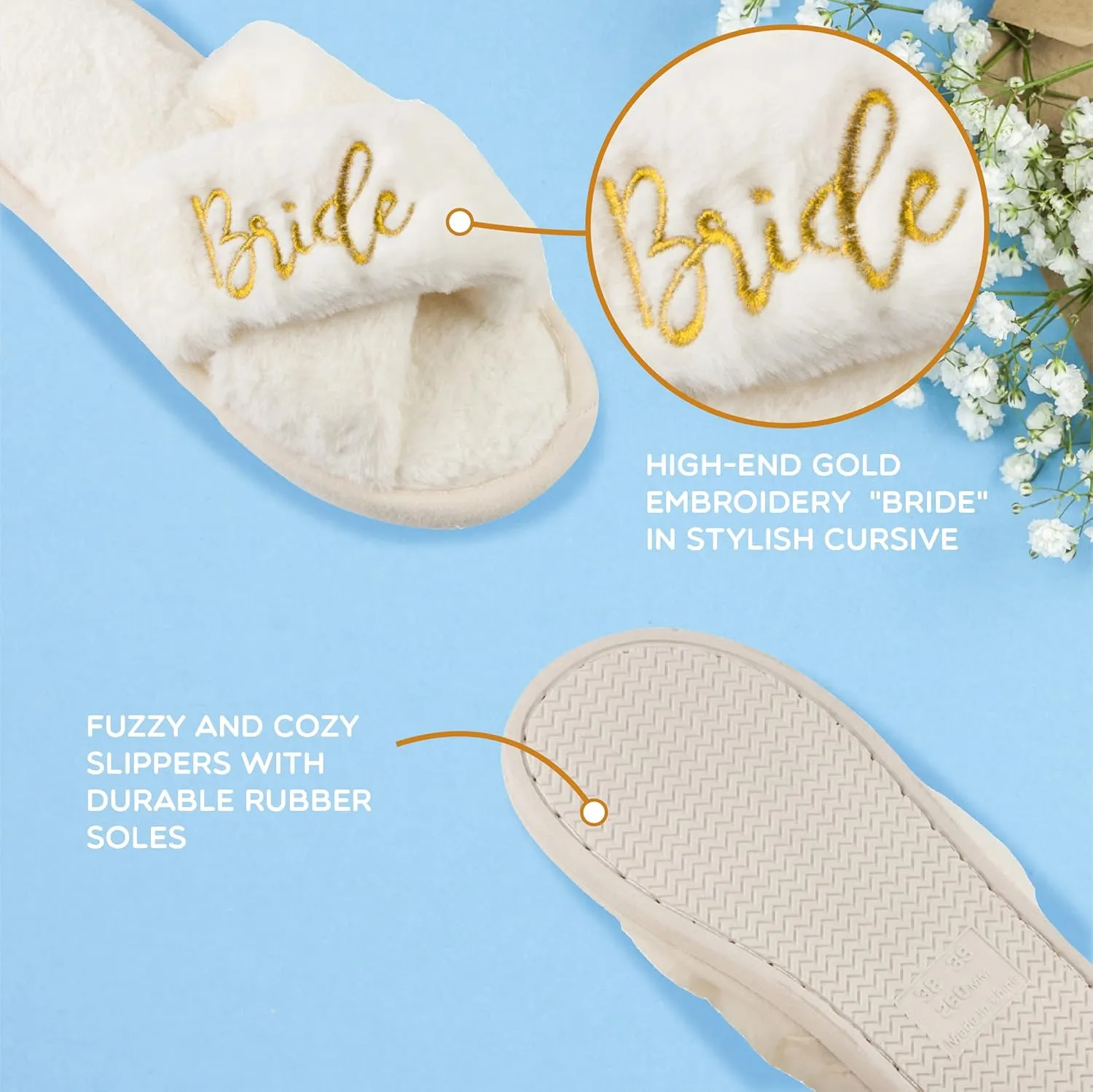 Bride Gifts – Cozy White Fur Bride Slippers and Pink Bridesmaid Slippers for Bridal Shower, Bachelorette Party, Engagement Party, Wedding Day