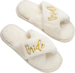 Bride Gifts – Cozy White Fur Bride Slippers and Pink Bridesmaid Slippers for Bridal Shower, Bachelorette Party, Engagement Party, Wedding Day