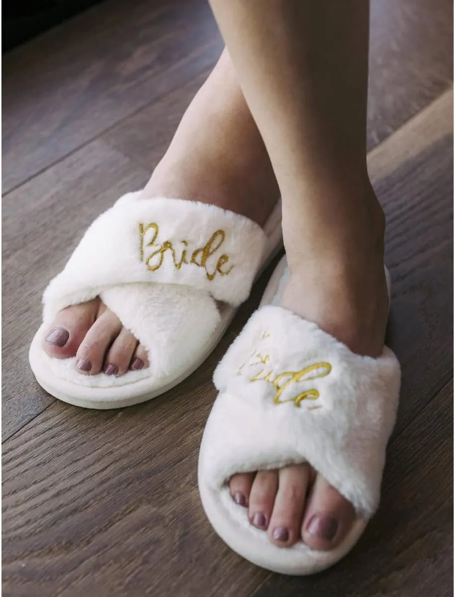 Bride Gifts – Cozy White Fur Bride Slippers and Pink Bridesmaid Slippers for Bridal Shower, Bachelorette Party, Engagement Party, Wedding Day