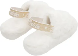 Bride Slippers - Bride Gifts for Bridal Shower, Bachelorette Party, Engagement Party, Wedding Day, etc. - Cozy White Fur Slippers with Cute Gold Elastic Strap for Bride to Be