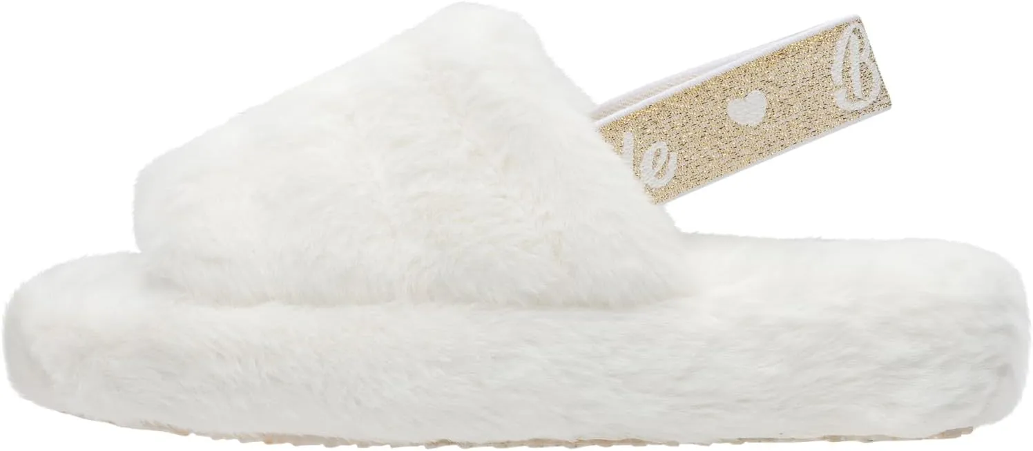 Bride Slippers - Bride Gifts for Bridal Shower, Bachelorette Party, Engagement Party, Wedding Day, etc. - Cozy White Fur Slippers with Cute Gold Elastic Strap for Bride to Be