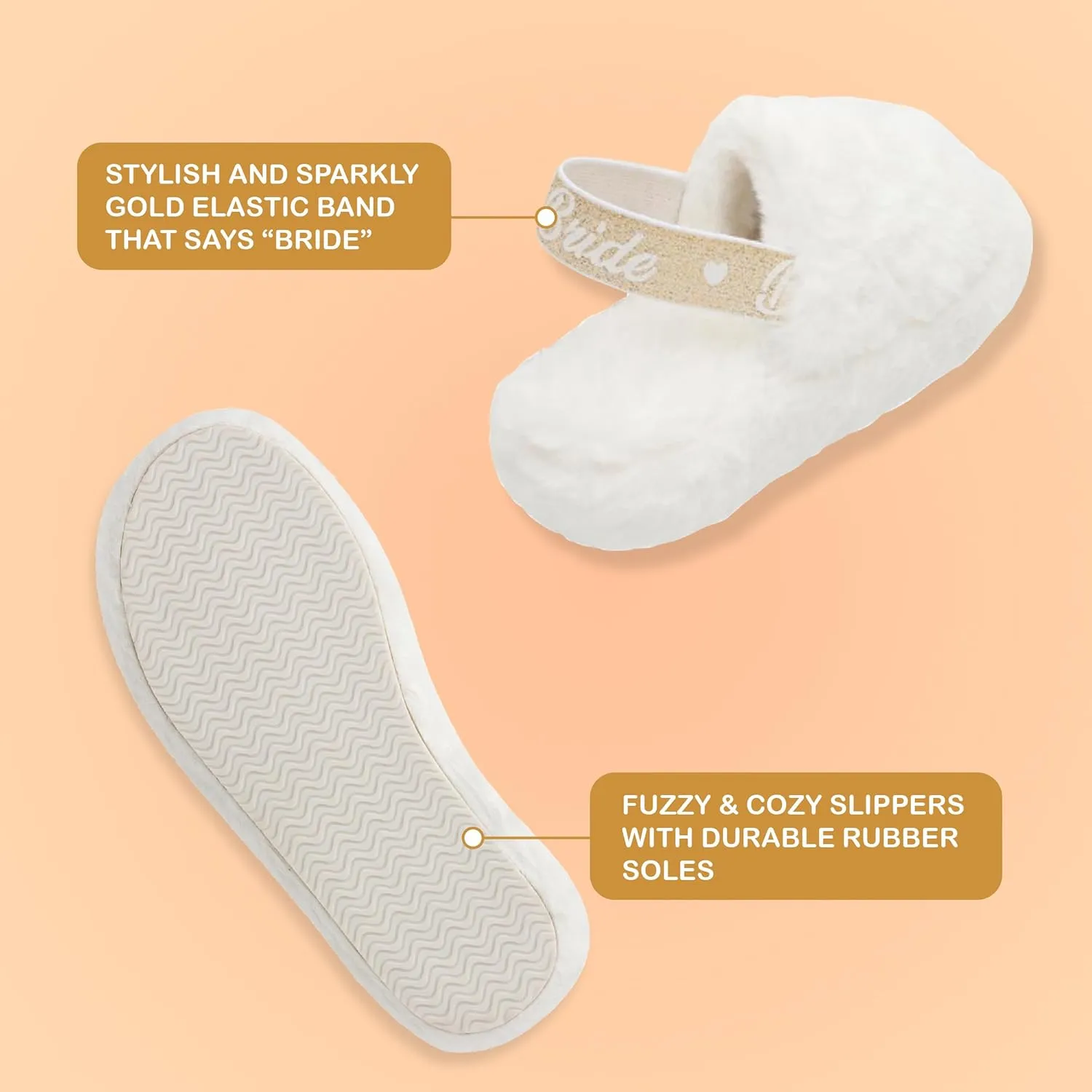 Bride Slippers - Bride Gifts for Bridal Shower, Bachelorette Party, Engagement Party, Wedding Day, etc. - Cozy White Fur Slippers with Cute Gold Elastic Strap for Bride to Be