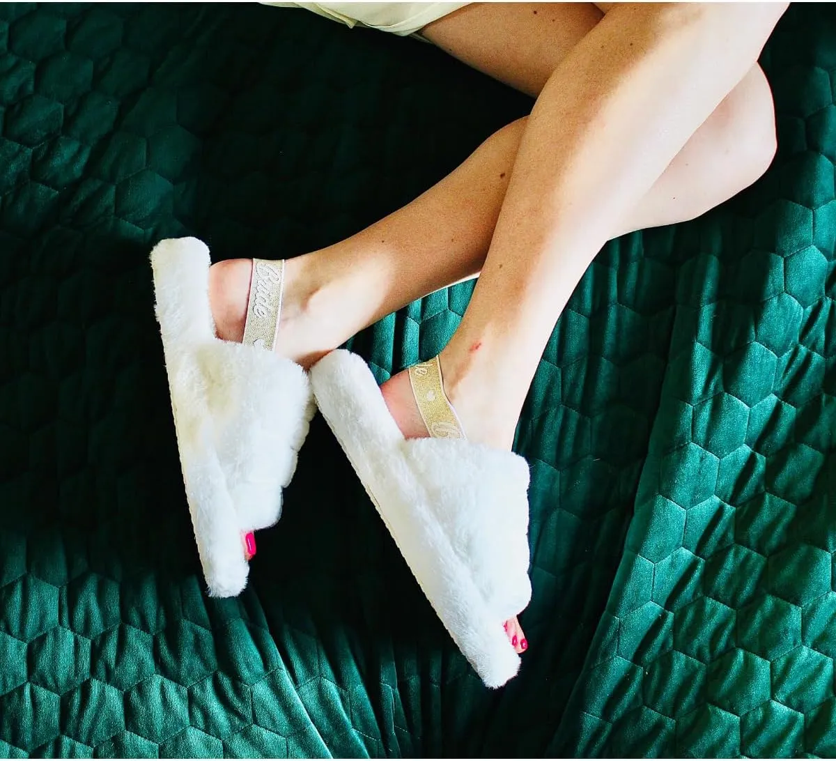 Bride Slippers - Bride Gifts for Bridal Shower, Bachelorette Party, Engagement Party, Wedding Day, etc. - Cozy White Fur Slippers with Cute Gold Elastic Strap for Bride to Be