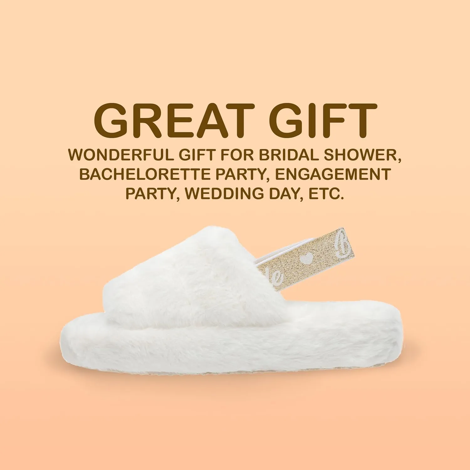 Bride Slippers - Bride Gifts for Bridal Shower, Bachelorette Party, Engagement Party, Wedding Day, etc. - Cozy White Fur Slippers with Cute Gold Elastic Strap for Bride to Be