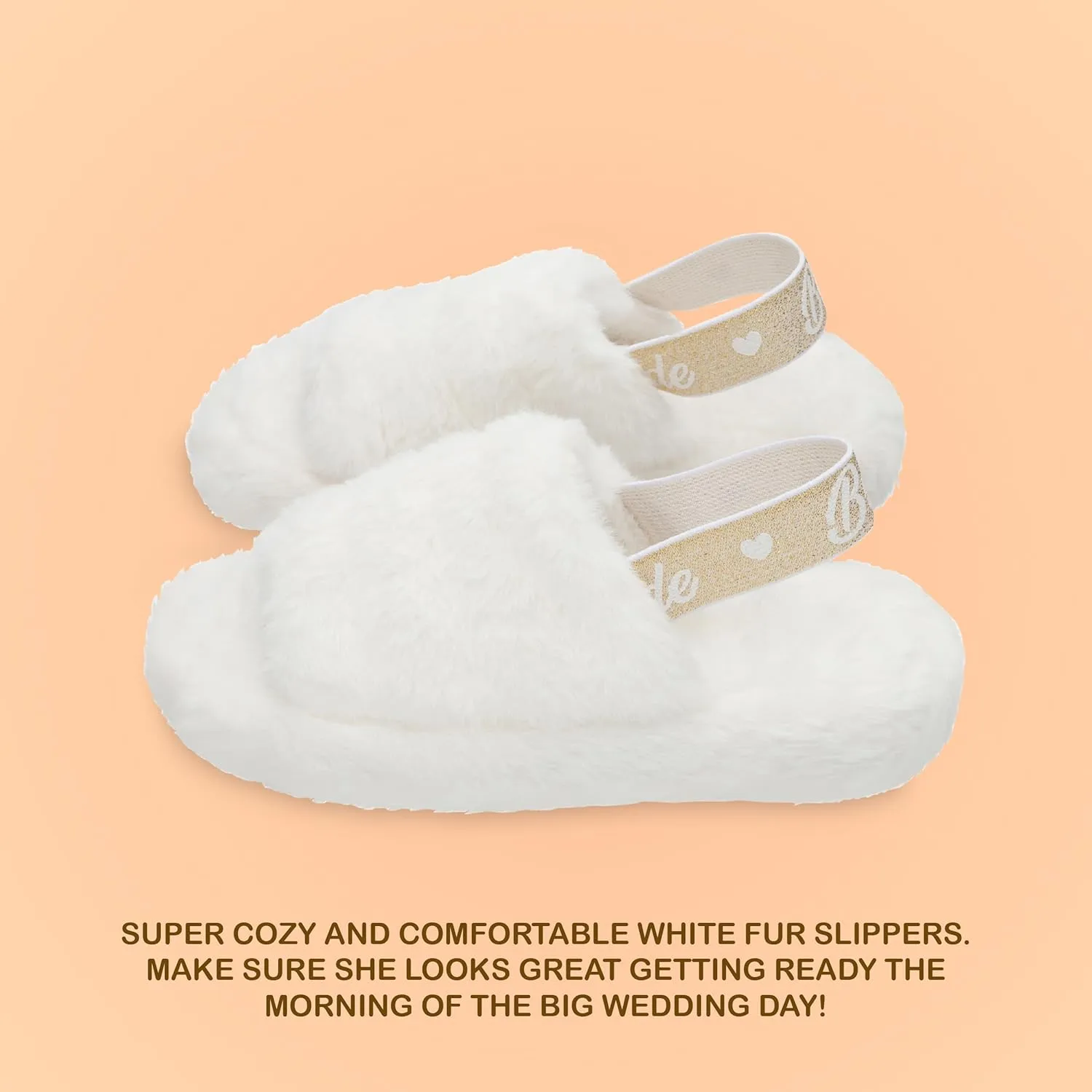 Bride Slippers - Bride Gifts for Bridal Shower, Bachelorette Party, Engagement Party, Wedding Day, etc. - Cozy White Fur Slippers with Cute Gold Elastic Strap for Bride to Be
