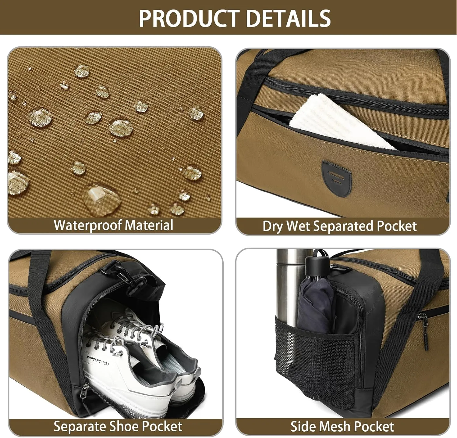 BSHG Gym Bags For Men & Women, Sports Duffel Bag For Men Travel, Weekend Overnight Bag With Shoe Compartment & Wet Pocket, Water Resistant Workout Duffle Bag Athletic Gym Bag Men B-GB-005-Brown