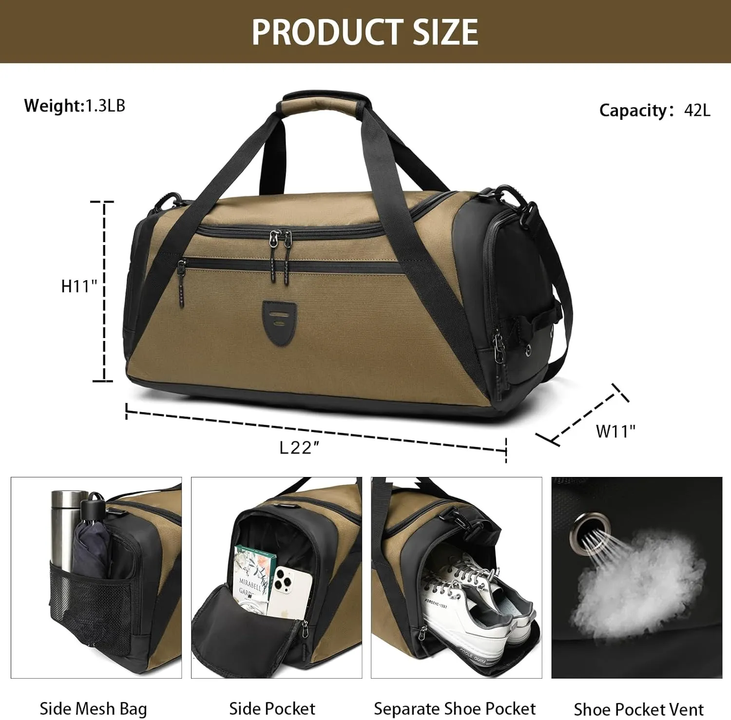 BSHG Gym Bags For Men & Women, Sports Duffel Bag For Men Travel, Weekend Overnight Bag With Shoe Compartment & Wet Pocket, Water Resistant Workout Duffle Bag Athletic Gym Bag Men B-GB-005-Brown