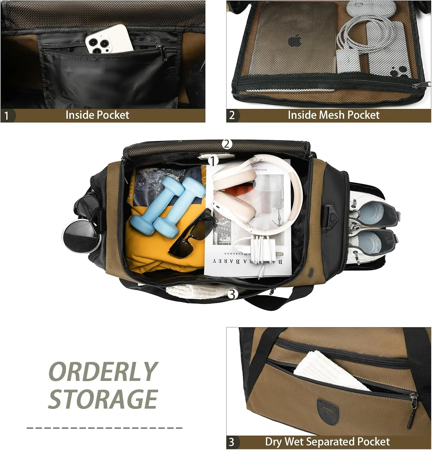 BSHG Gym Bags For Men & Women, Sports Duffel Bag For Men Travel, Weekend Overnight Bag With Shoe Compartment & Wet Pocket, Water Resistant Workout Duffle Bag Athletic Gym Bag Men B-GB-005-Brown