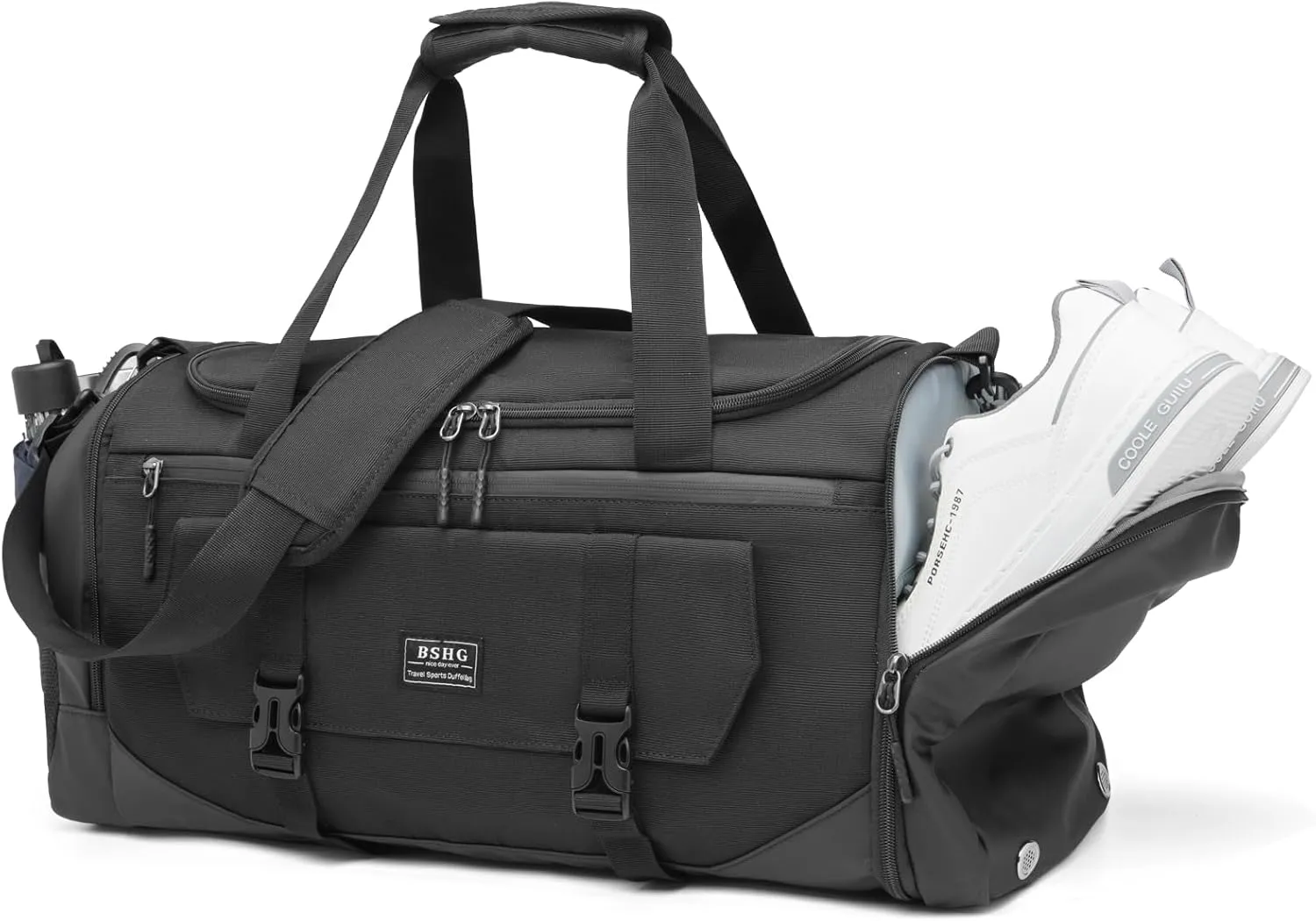 BSHG Sports Bag For Men & Women With Shoes Compartment And Wet Pocket, Sports Duffle Bag, Workout Bags For Gym Swimming Yoga,Waterproof Weekend Overnight Carry On Bag B-GA-001-Black