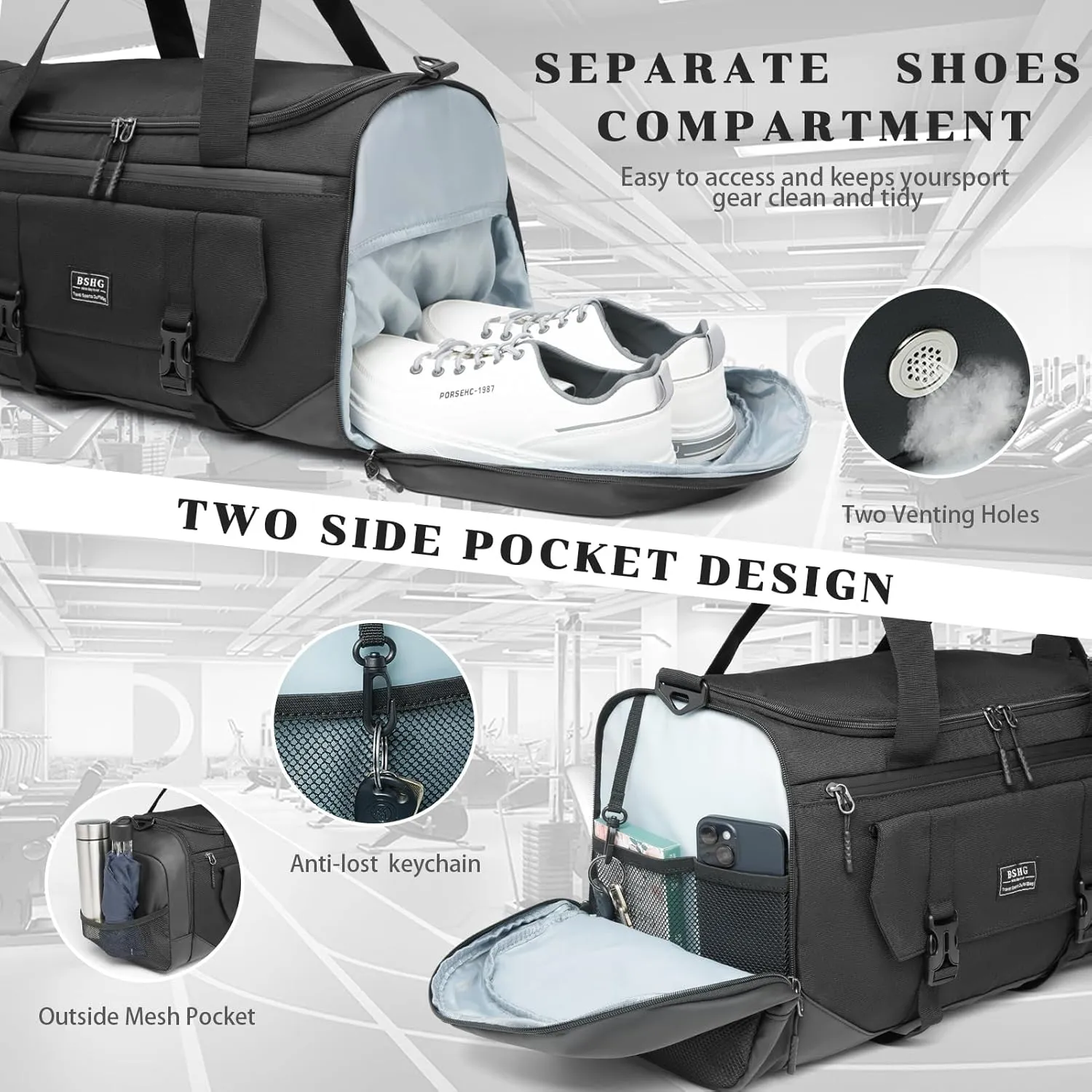 BSHG Sports Bag For Men & Women With Shoes Compartment And Wet Pocket, Sports Duffle Bag, Workout Bags For Gym Swimming Yoga,Waterproof Weekend Overnight Carry On Bag B-GA-001-Black