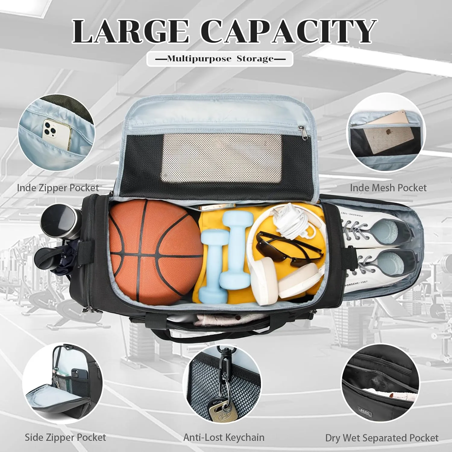 BSHG Sports Bag For Men & Women With Shoes Compartment And Wet Pocket, Sports Duffle Bag, Workout Bags For Gym Swimming Yoga,Waterproof Weekend Overnight Carry On Bag B-GA-001-Black