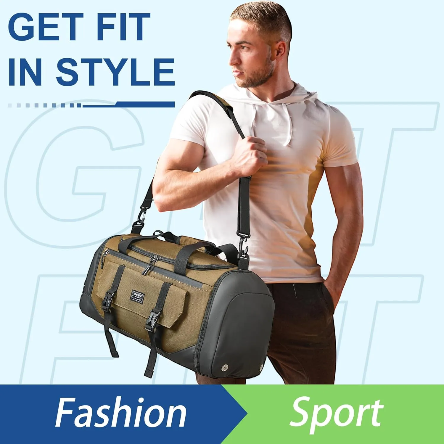 BSHG Sports Bag For Men & Women With Shoes Compartment And Wet Pocket, Sports Duffle Bag, Workout Bags For Gym Swimming Yoga,Waterproof Weekend Overnight Carry On Bag B-GA-003-Brown