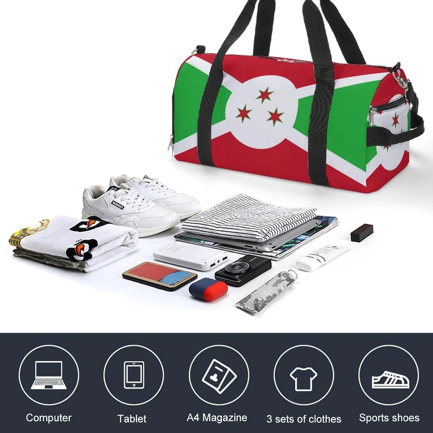 Burundi Flag Travel Duffel for Boys Girls with Shoe Compartment Overnight