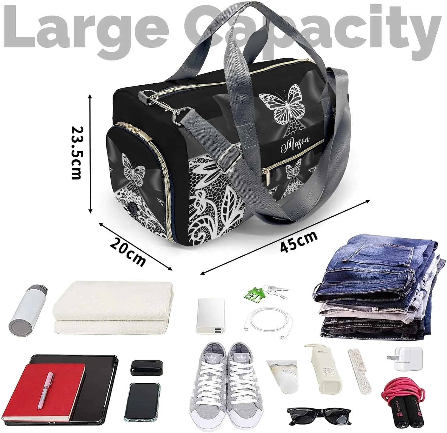 Butterfly Bow Lace Black 1 Personalized Duffel Bag,Custom Travel Gym Bag with Name,Waterproof Sports Overnight Bag with Shoe Compartment & Shoulder Strap