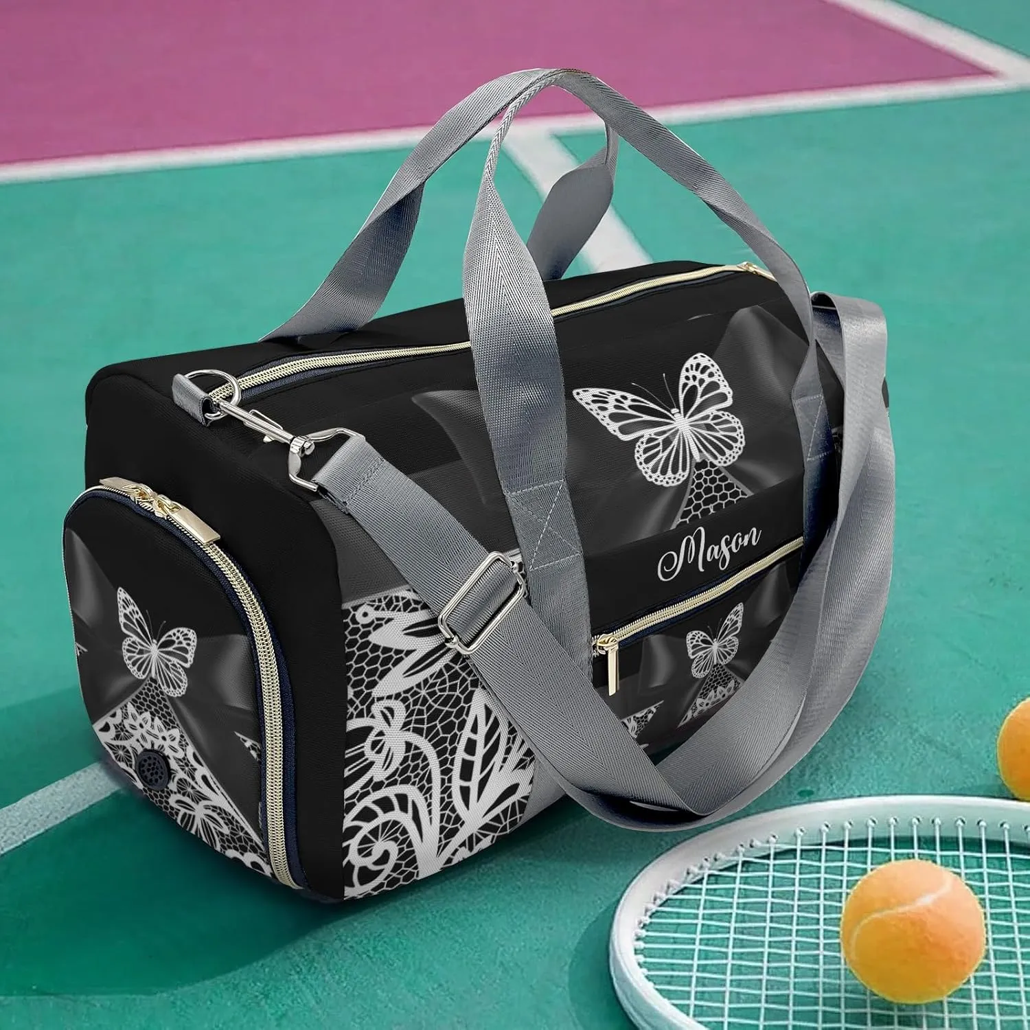 Butterfly Bow Lace Black 1 Personalized Duffel Bag,Custom Travel Gym Bag with Name,Waterproof Sports Overnight Bag with Shoe Compartment & Shoulder Strap