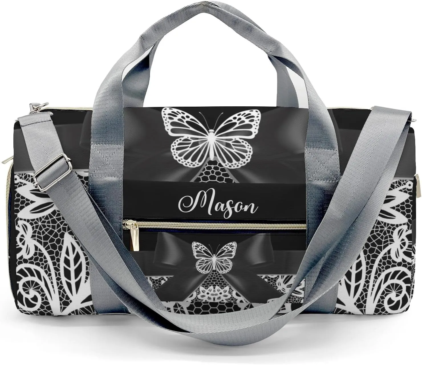 Butterfly Bow Lace Black 1 Personalized Duffel Bag,Custom Travel Gym Bag with Name,Waterproof Sports Overnight Bag with Shoe Compartment & Shoulder Strap