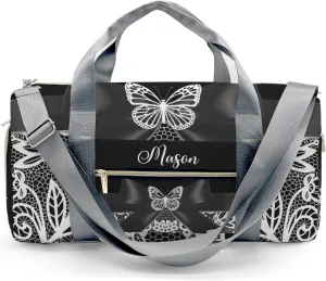 Butterfly Bow Lace Black 1 Personalized Duffel Bag,Custom Travel Gym Bag with Name,Waterproof Sports Overnight Bag with Shoe Compartment & Shoulder Strap