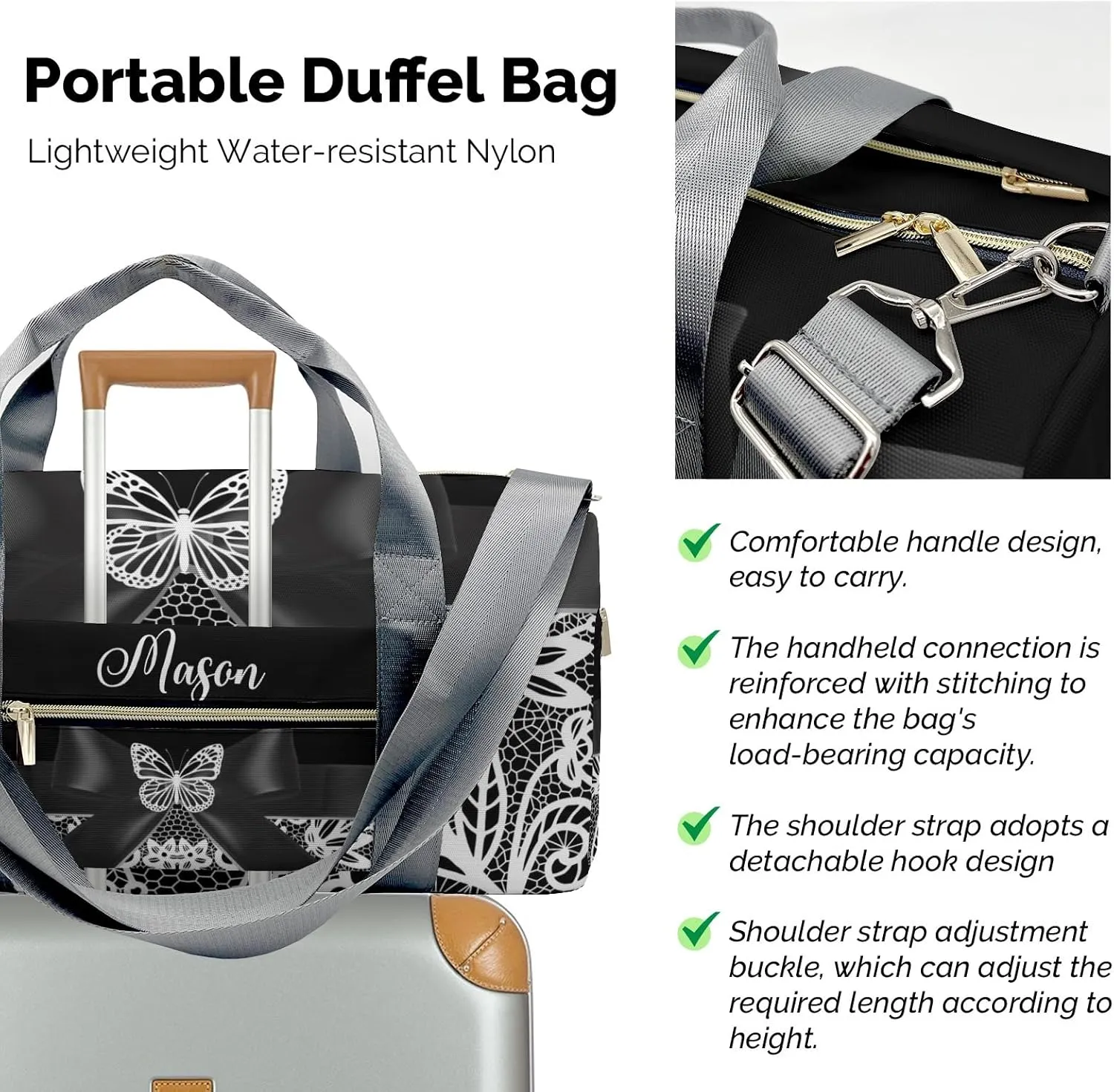 Butterfly Bow Lace Black 1 Personalized Duffel Bag,Custom Travel Gym Bag with Name,Waterproof Sports Overnight Bag with Shoe Compartment & Shoulder Strap