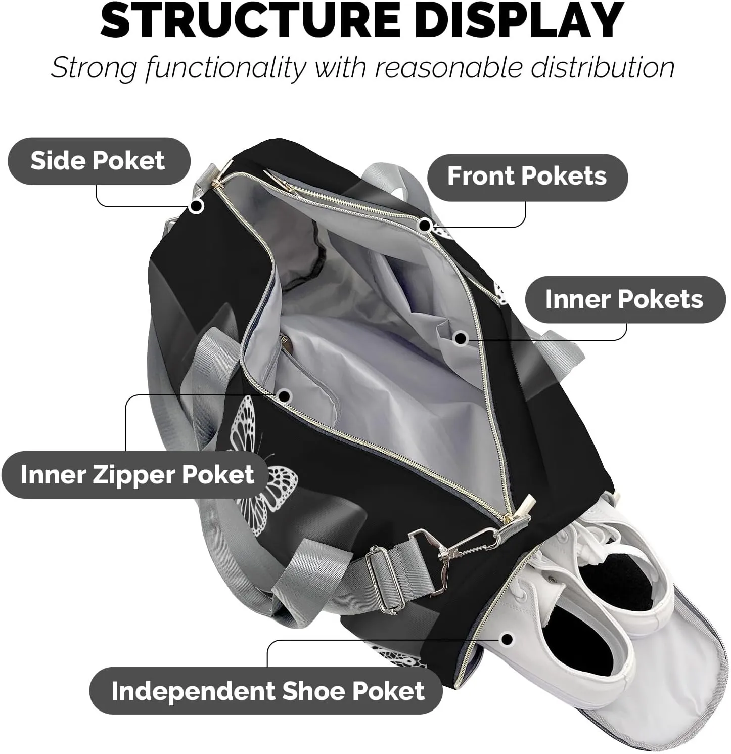 Butterfly Bow Lace Black 1 Personalized Duffel Bag,Custom Travel Gym Bag with Name,Waterproof Sports Overnight Bag with Shoe Compartment & Shoulder Strap