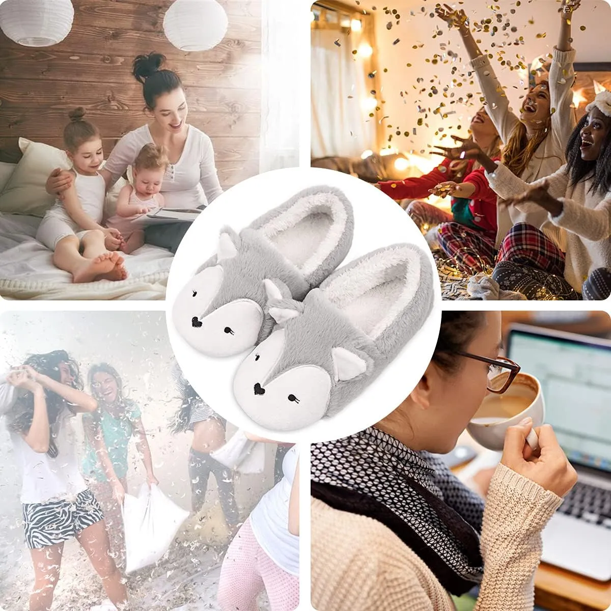 Caramella Bubble Womens Fox Fleece Animal Cozy House Slippers Indoor Outdoor Vacation Slippers for Women