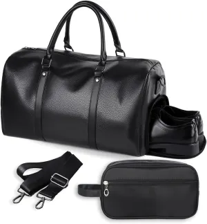 Carry On Travel Duffle Bag, Leather Overnight Bag with Toiletry Bag & Shoe Compartment, Dry & Wet Separated Sports Duffel Bag for Men, Black