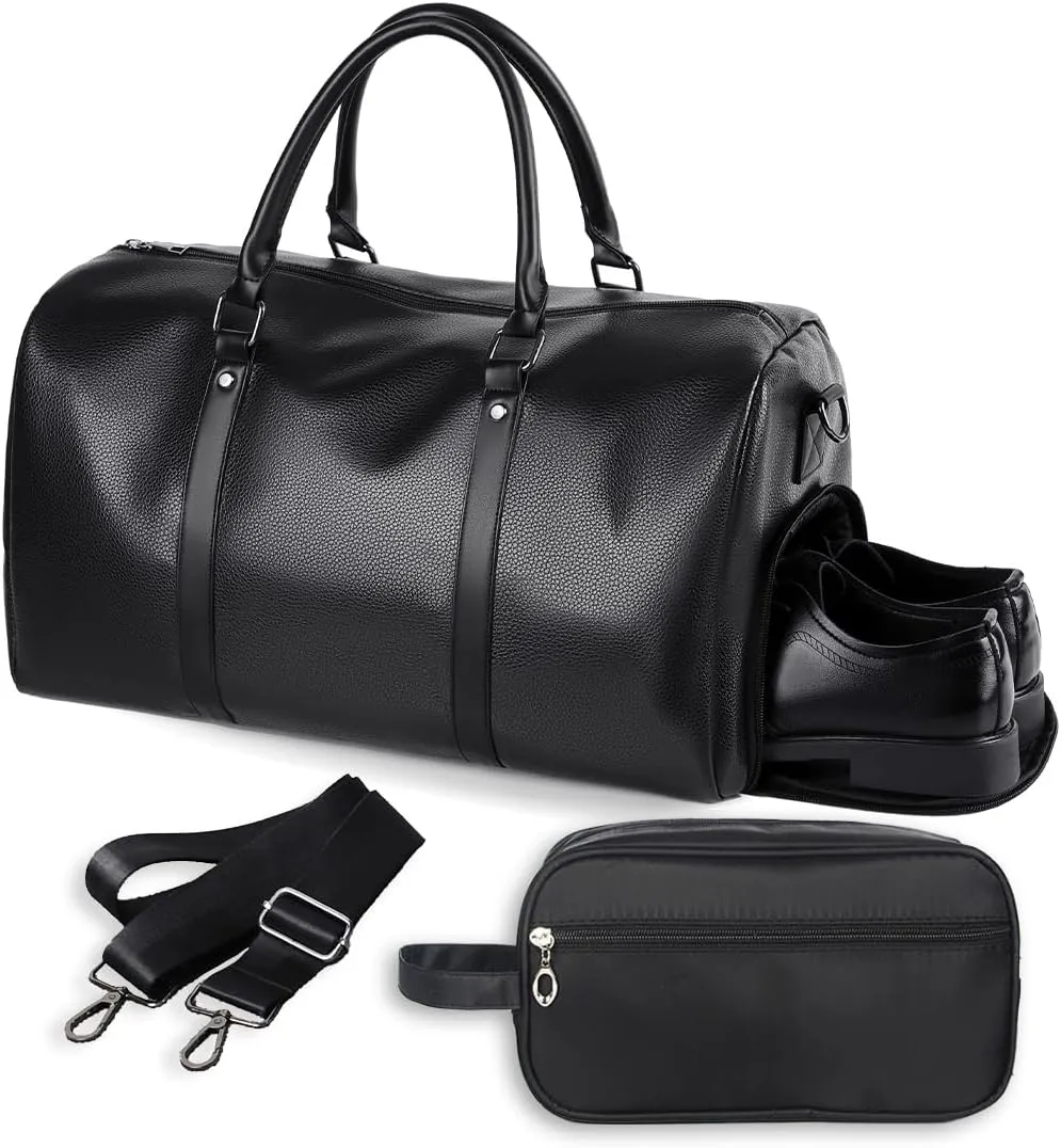 Carry On Travel Duffle Bag, Leather Overnight Bag with Toiletry Bag & Shoe Compartment, Dry & Wet Separated Sports Duffel Bag for Men, Black