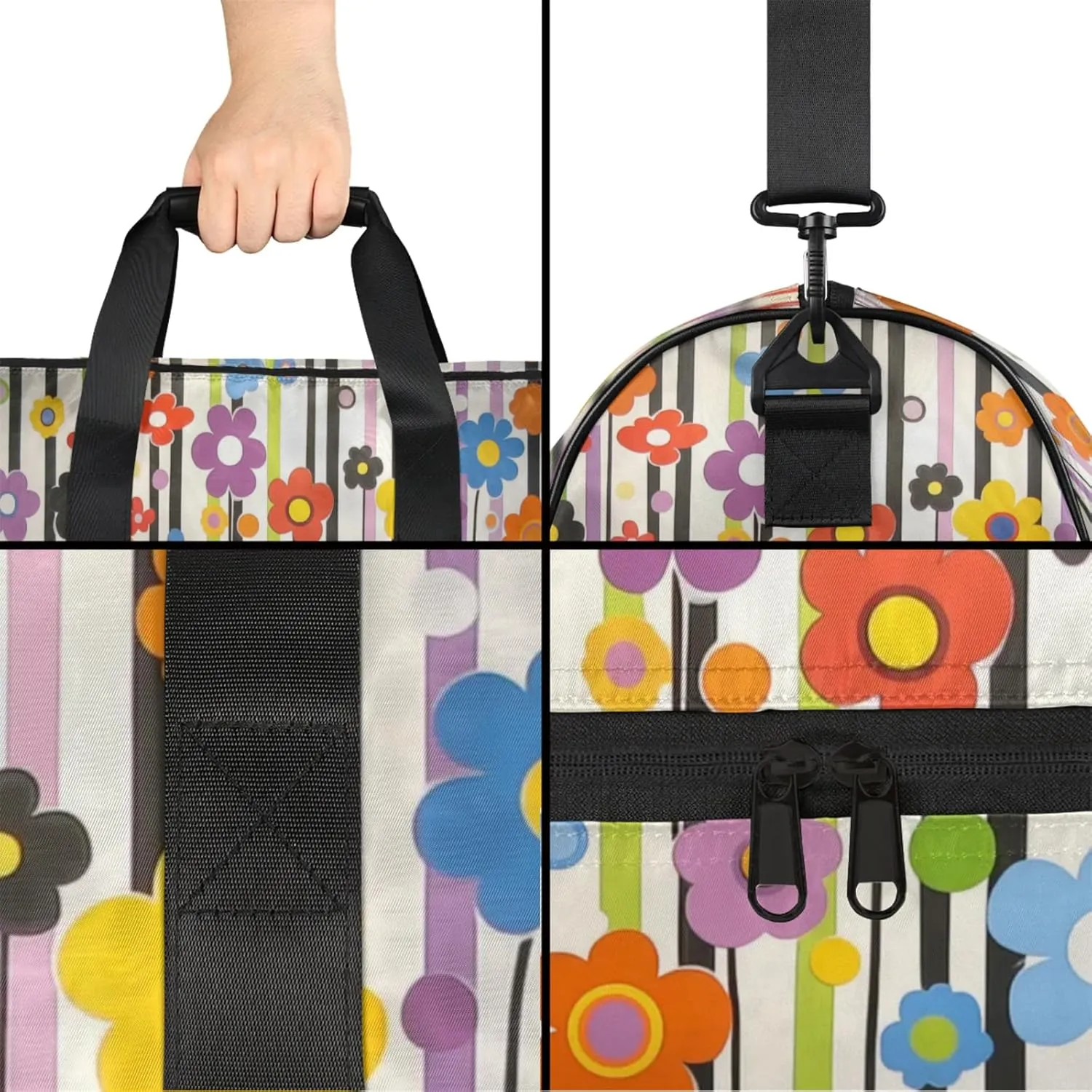 Cartoon Flower Gym Bags for Men Women, 43L Medium Sports Colourful Stripes Travel Duffel Bag for Men with Shoe Compartment,Carry on Bags for Airplanes Women
