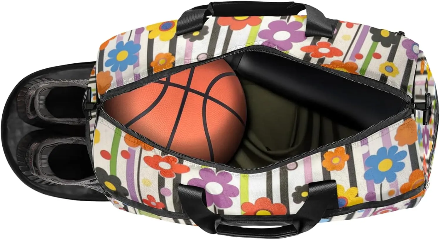 Cartoon Flower Gym Bags for Men Women, 43L Medium Sports Colourful Stripes Travel Duffel Bag for Men with Shoe Compartment,Carry on Bags for Airplanes Women