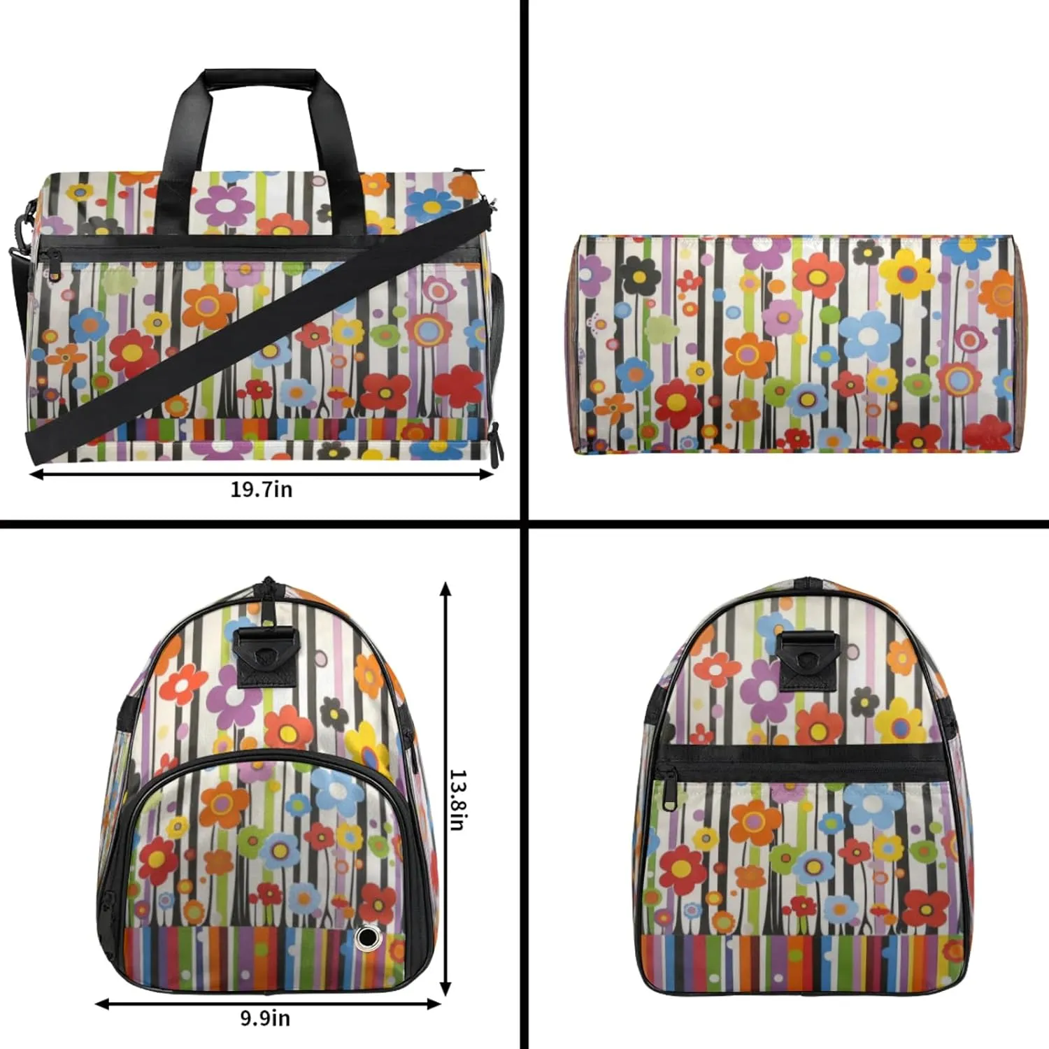 Cartoon Flower Gym Bags for Men Women, 43L Medium Sports Colourful Stripes Travel Duffel Bag for Men with Shoe Compartment,Carry on Bags for Airplanes Women