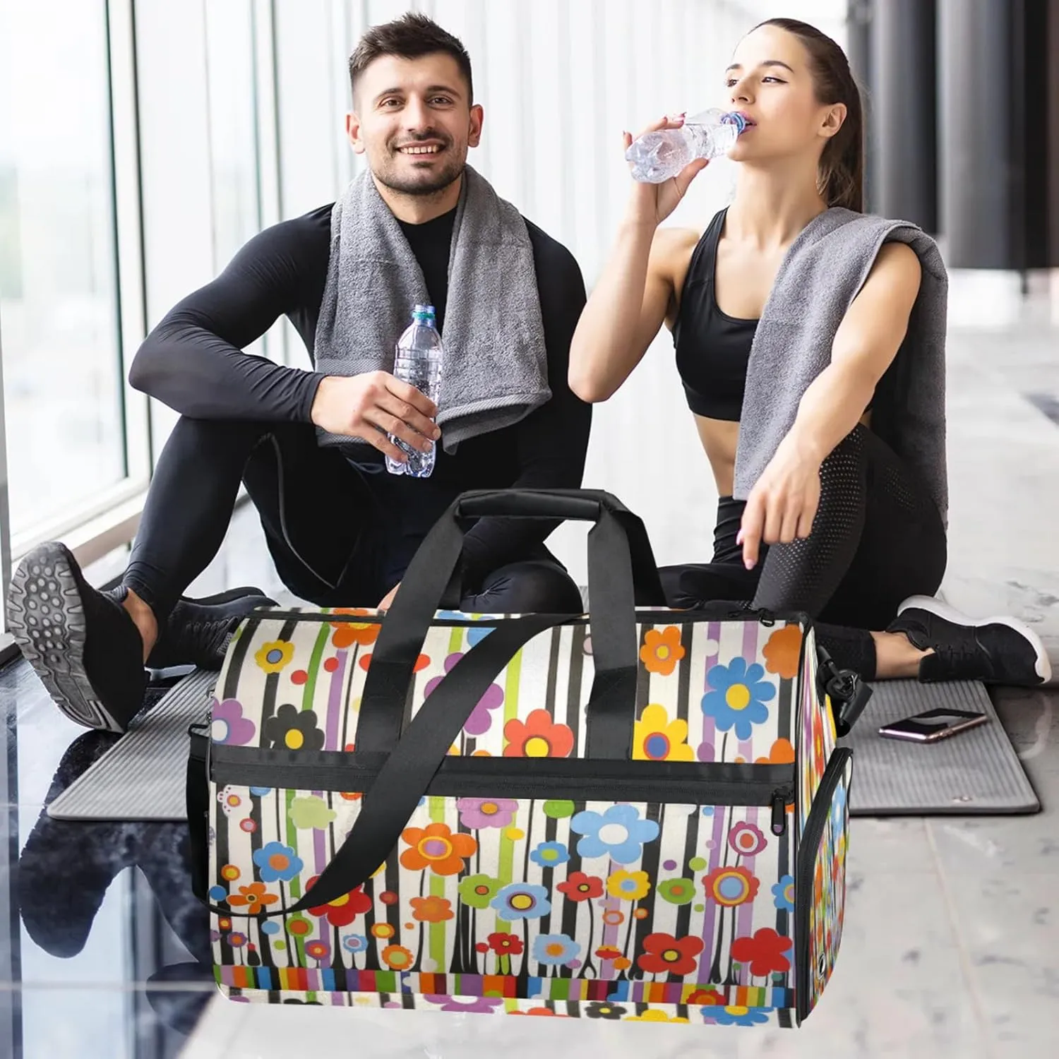 Cartoon Flower Gym Bags for Men Women, 43L Medium Sports Colourful Stripes Travel Duffel Bag for Men with Shoe Compartment,Carry on Bags for Airplanes Women