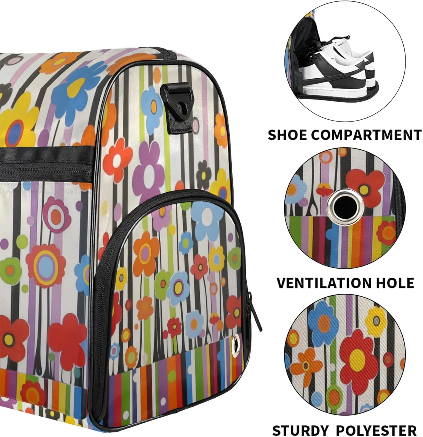 Cartoon Flower Gym Bags for Men Women, 43L Medium Sports Colourful Stripes Travel Duffel Bag for Men with Shoe Compartment,Carry on Bags for Airplanes Women
