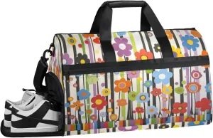 Cartoon Flower Gym Bags for Men Women, 43L Medium Sports Colourful Stripes Travel Duffel Bag for Men with Shoe Compartment,Carry on Bags for Airplanes Women