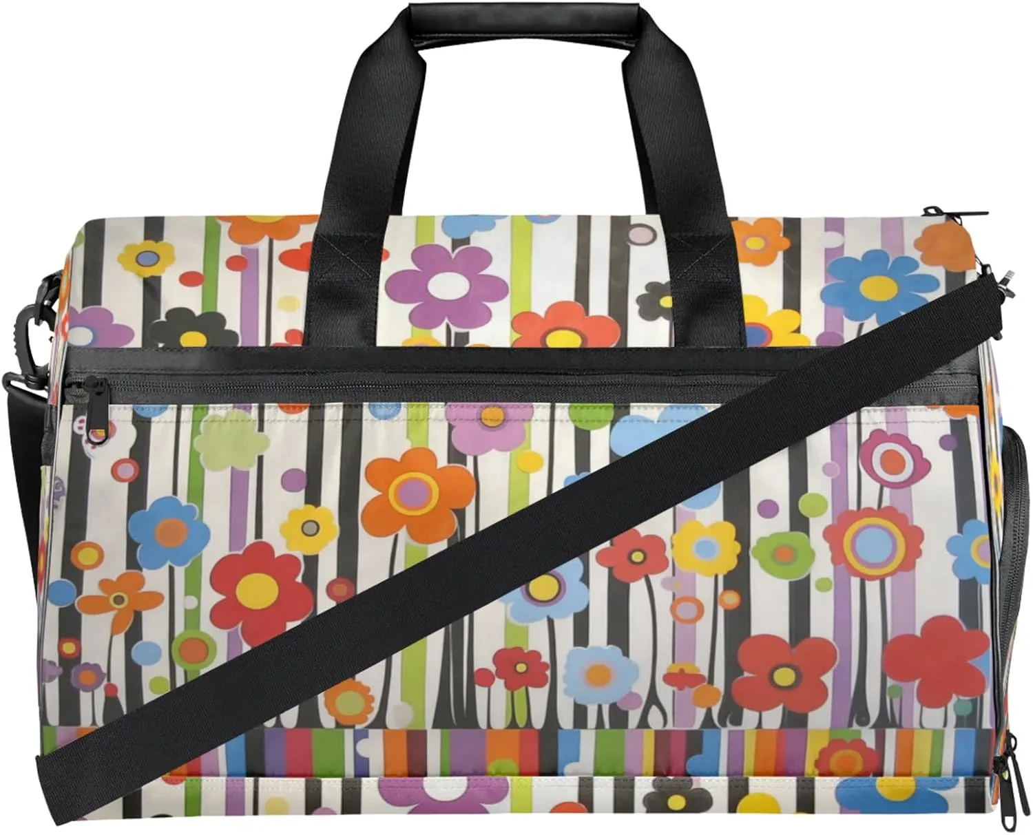 Cartoon Flower Gym Bags for Men Women, 43L Medium Sports Colourful Stripes Travel Duffel Bag for Men with Shoe Compartment,Carry on Bags for Airplanes Women