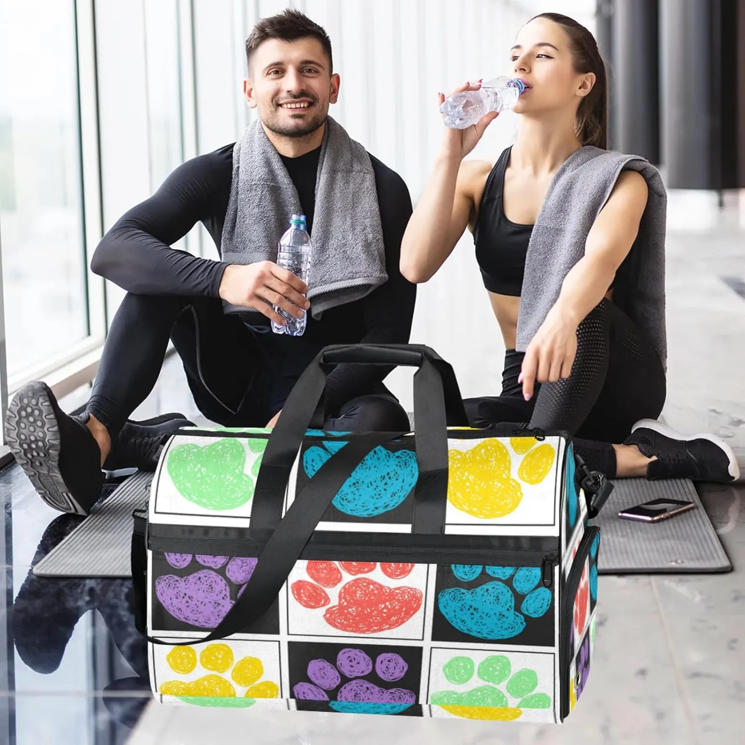 Cartoon Gym Bag for Womens Mens with Shoes Compartment, Cute Footprints Duffle Bag for Airplane Sport Gym Tote Bags Yoga Waterproof Weekender Travel Bag