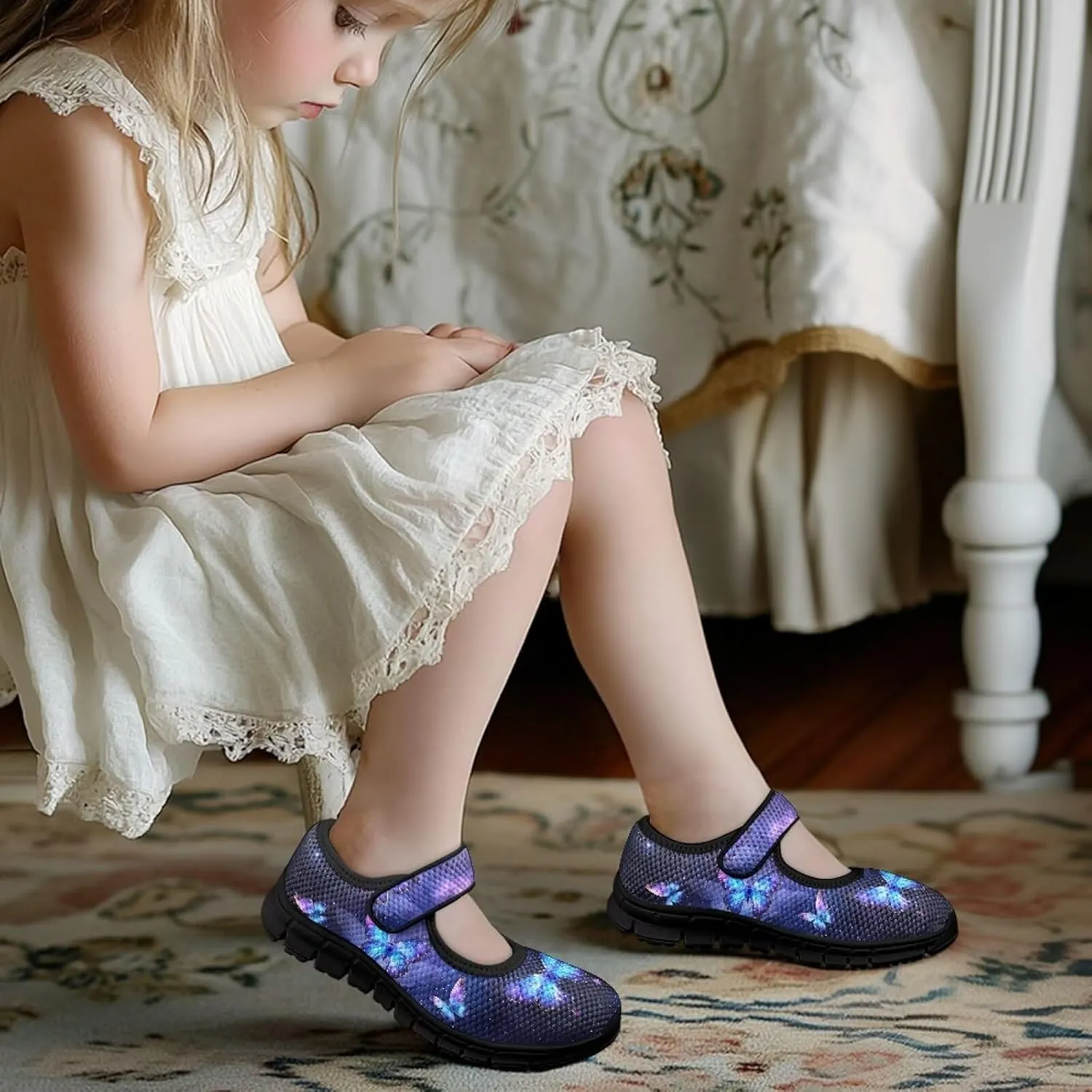 Children's Cartoon Single Buckle Sneaker,Girls Comfort Breathable Mesh Casual Shoes,Low-top Flat Shoes,Black Sole