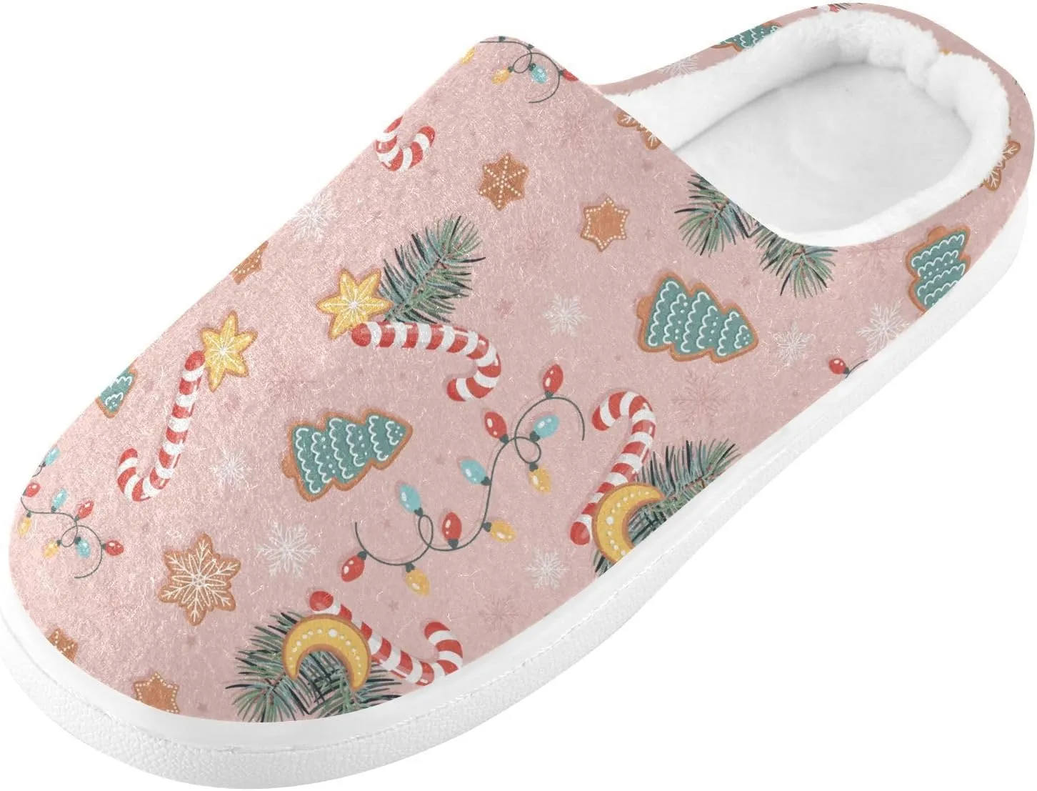 Christmas Candies Pine House Slippers Cozy Fuzzy Slippers Memory Foam Warm for Women & Men Family Slippers