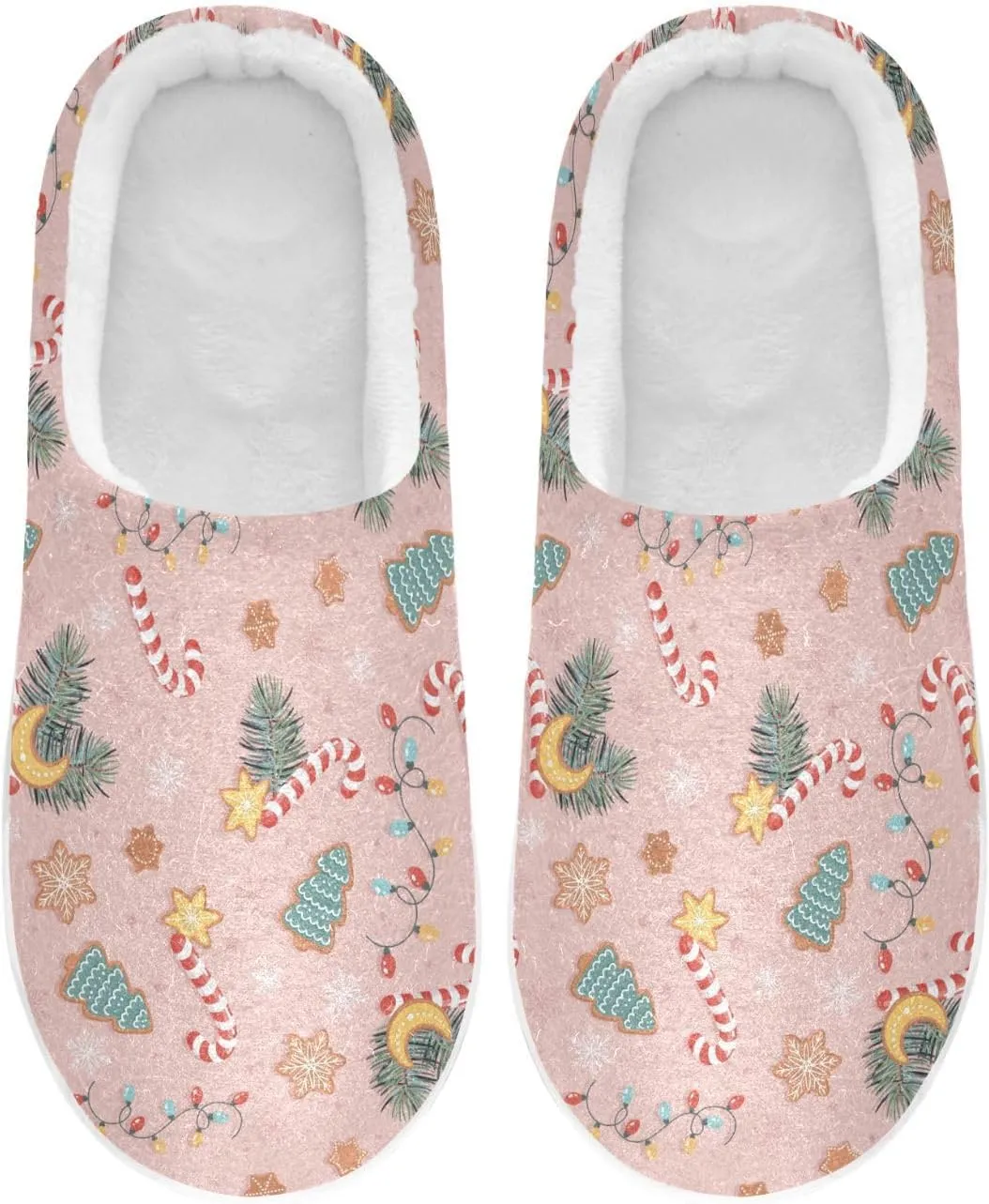 Christmas Candies Pine House Slippers Cozy Fuzzy Slippers Memory Foam Warm for Women & Men Family Slippers