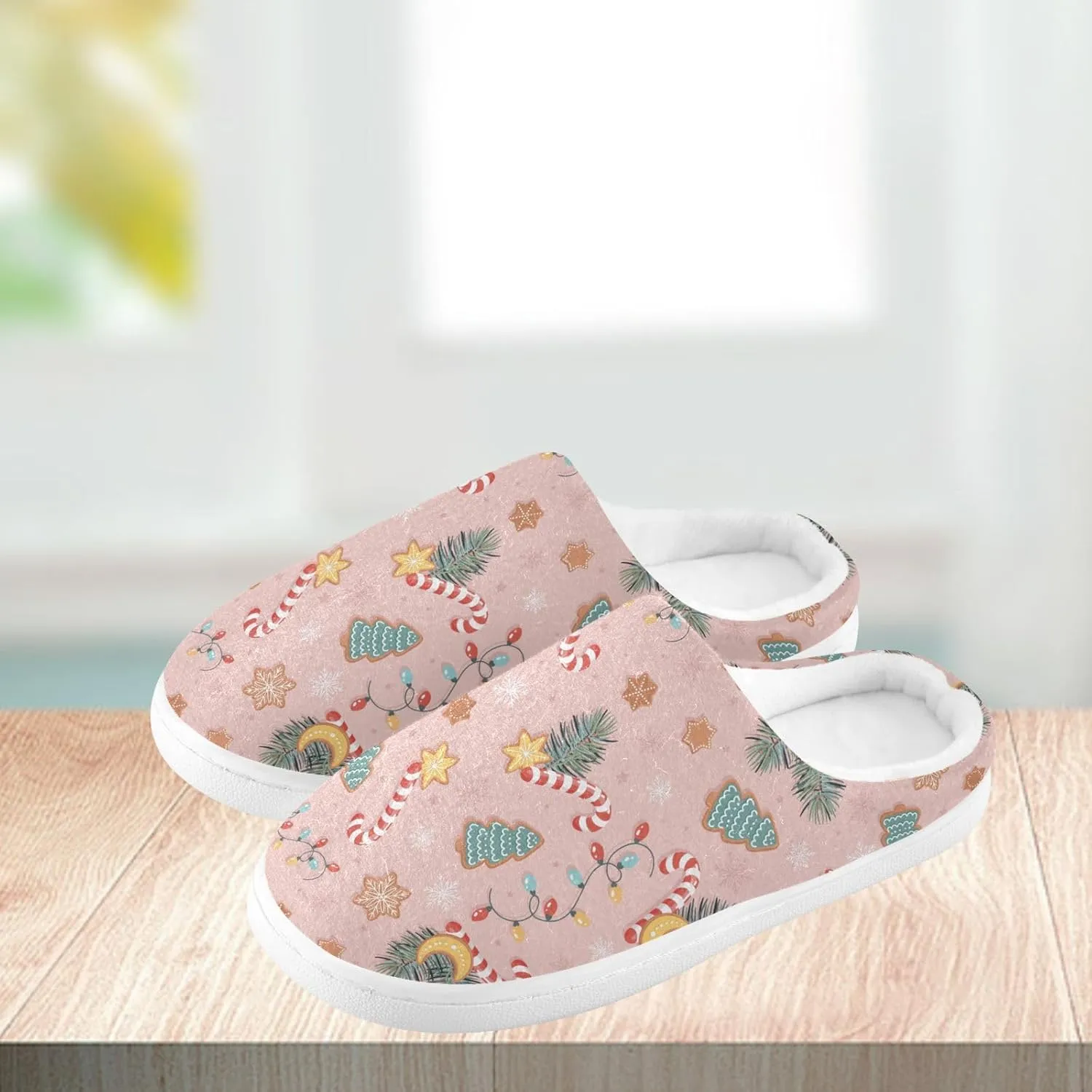 Christmas Candies Pine House Slippers Cozy Fuzzy Slippers Memory Foam Warm for Women & Men Family Slippers