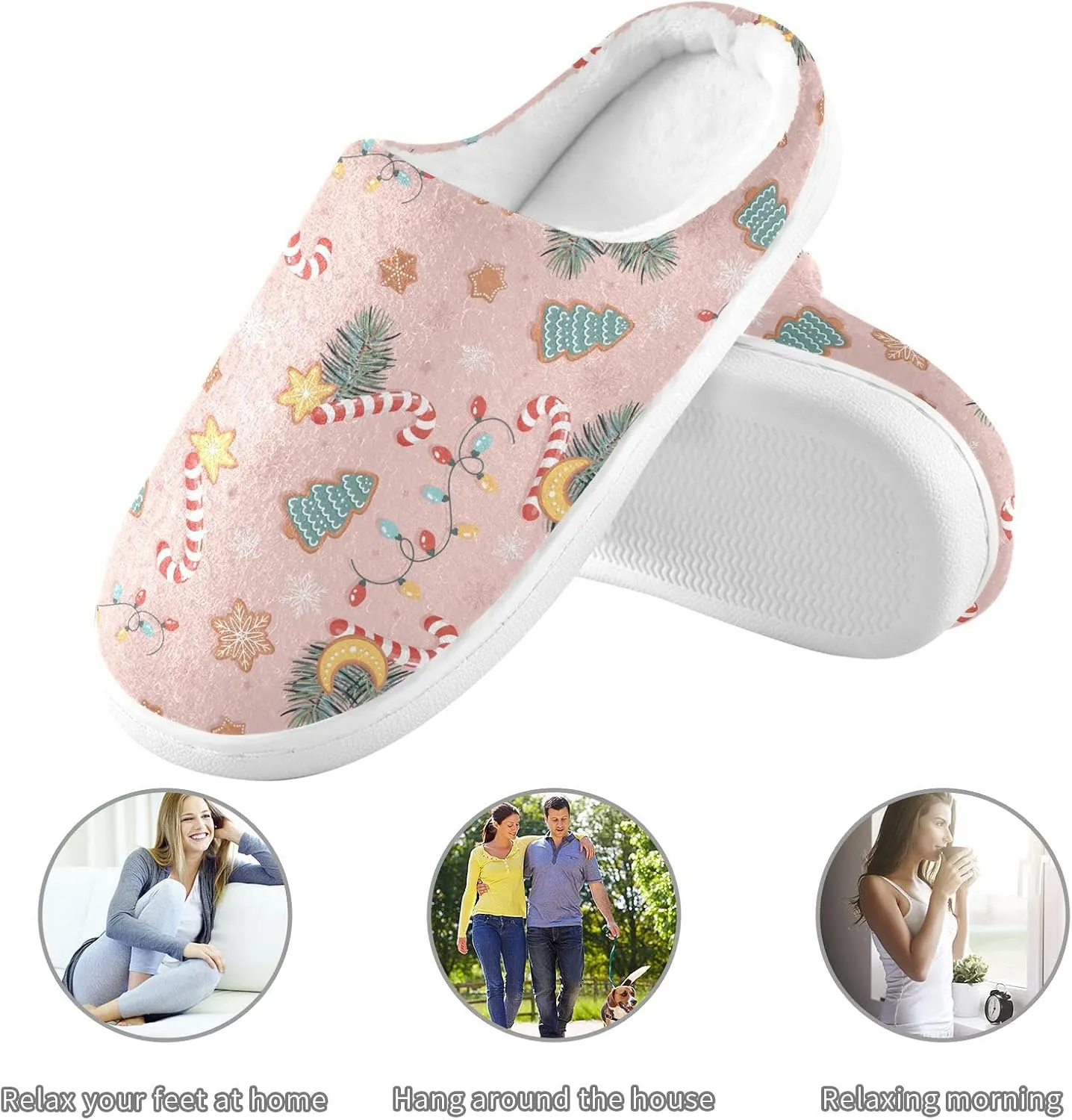Christmas Candies Pine House Slippers Cozy Fuzzy Slippers Memory Foam Warm for Women & Men Family Slippers
