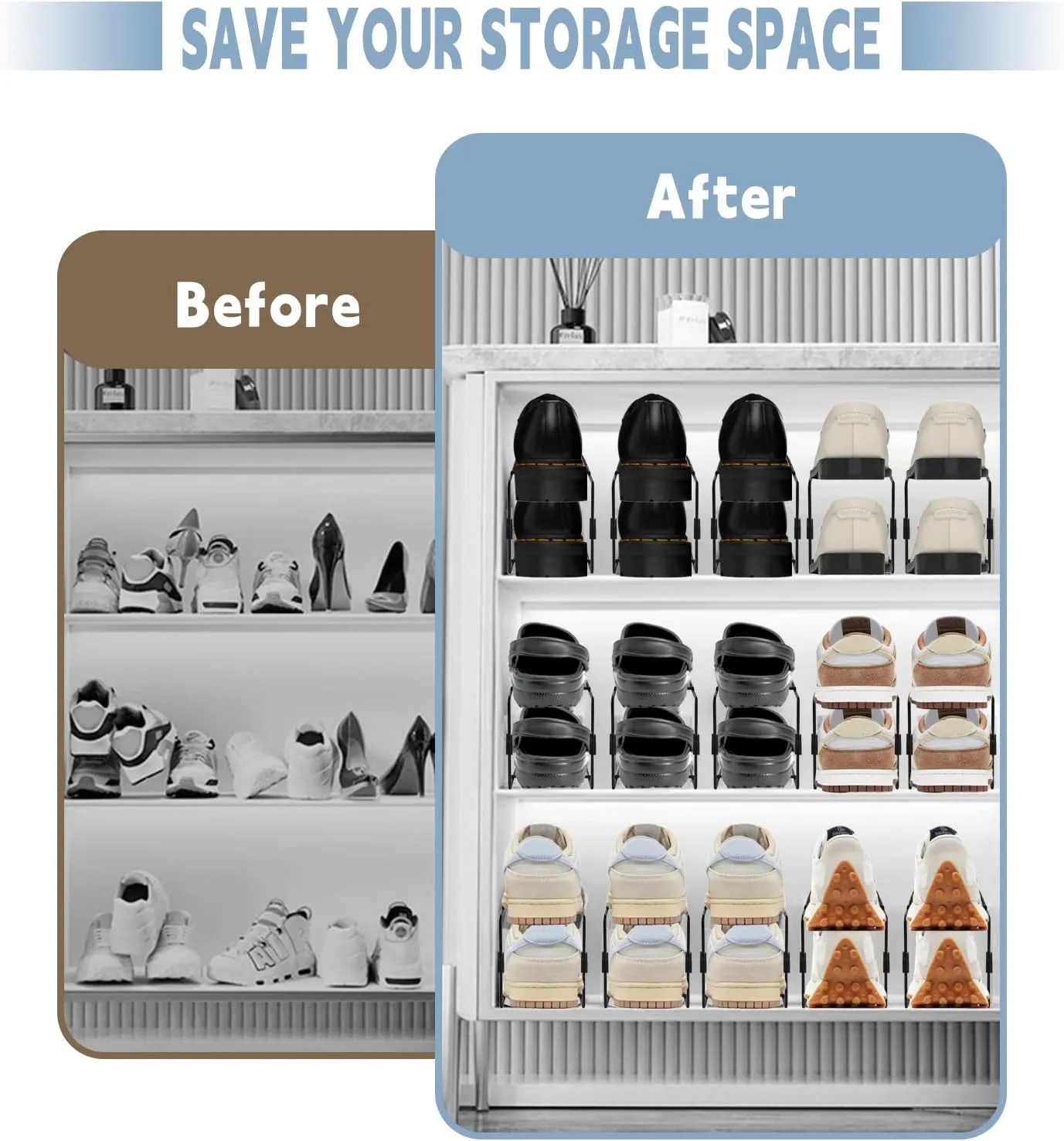 CiBiZi Shoe Slots Organizer Shoe Space Saver Organizador de Zapatos Metal Shoe Stackers for a Pair of Shoes Double Layer Shoe Holder Shoe Storage Closet Organizers 12PACK Black