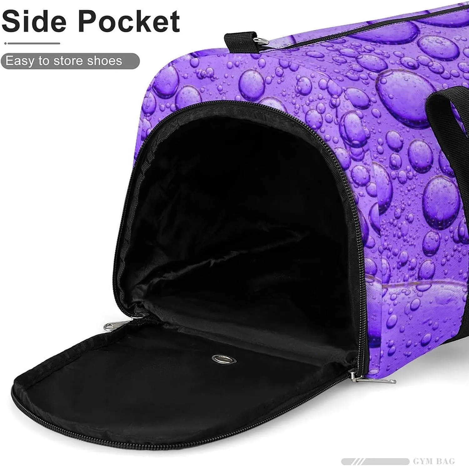 Close Up of Purple Bubble Fitness Large Gym Bag for Unisex with Shoe Compartment & Wet Pocket