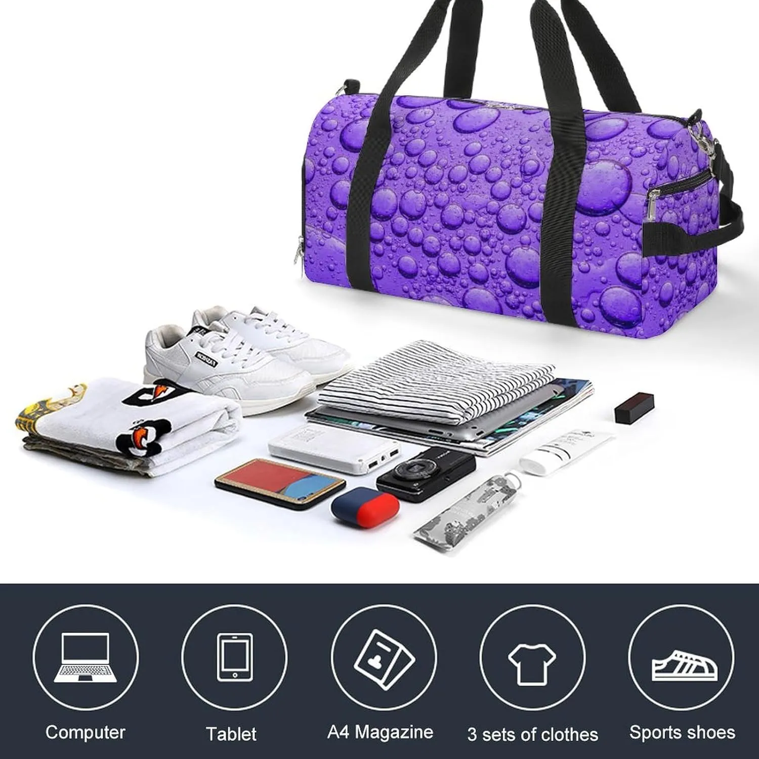 Close Up of Purple Bubble Fitness Large Gym Bag for Unisex with Shoe Compartment & Wet Pocket