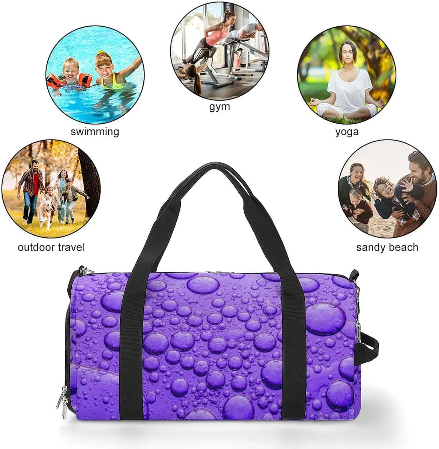 Close Up of Purple Bubble Fitness Large Gym Bag for Unisex with Shoe Compartment & Wet Pocket
