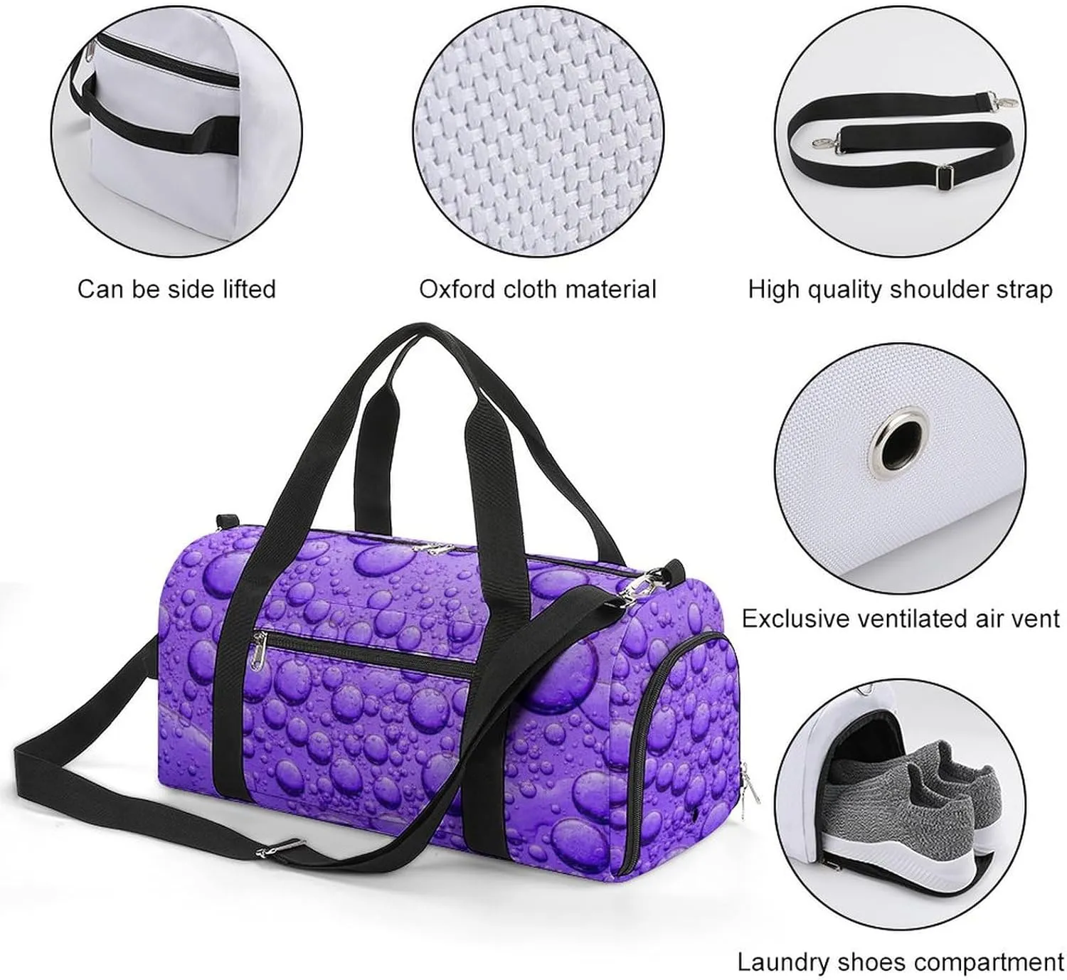 Close Up of Purple Bubble Fitness Large Gym Bag for Unisex with Shoe Compartment & Wet Pocket