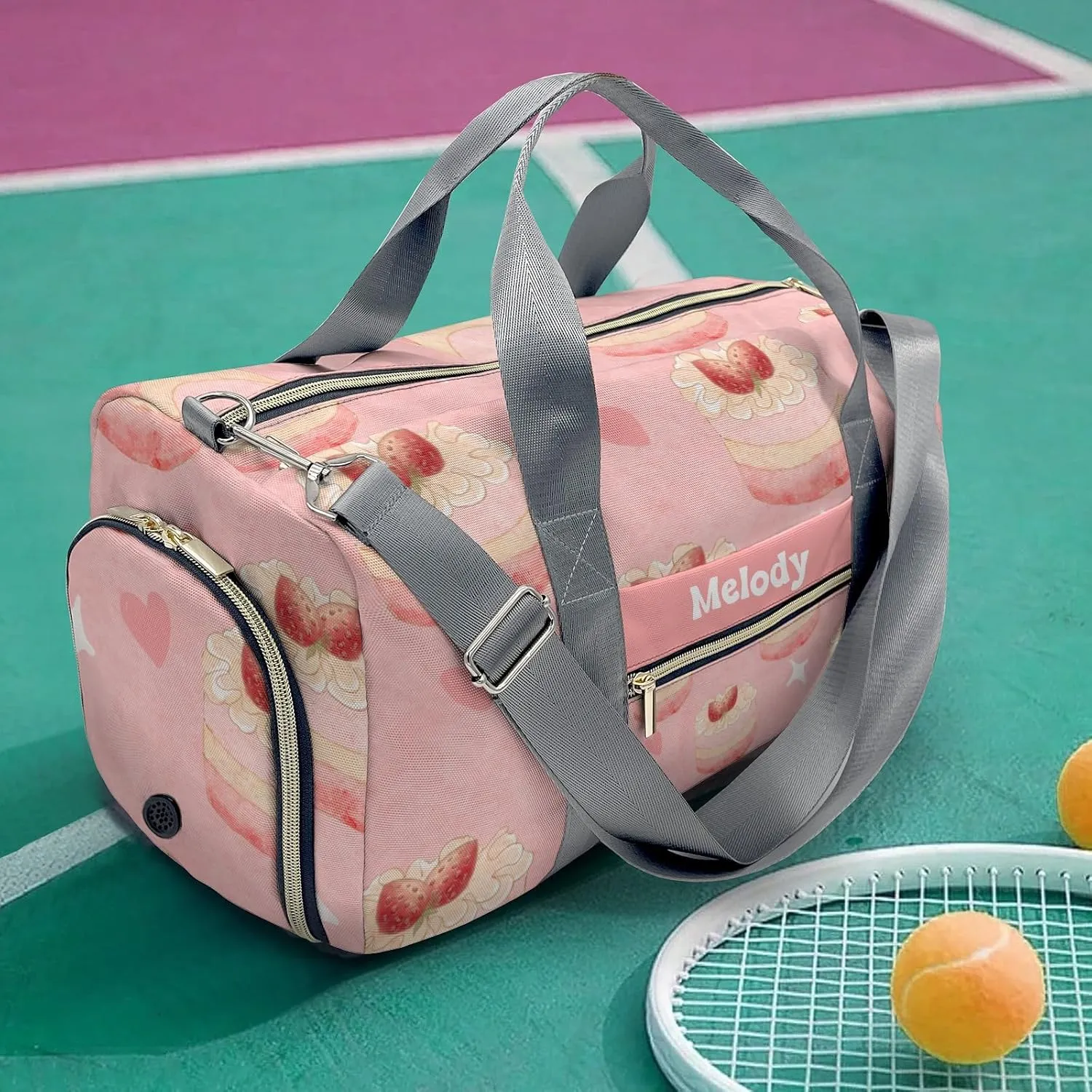 Colorful Cake Dessert Personalized Duffel Bag,Custom Travel Gym Bag with Name,Waterproof Sports Overnight Bag with Shoe Compartment & Shoulder Strap