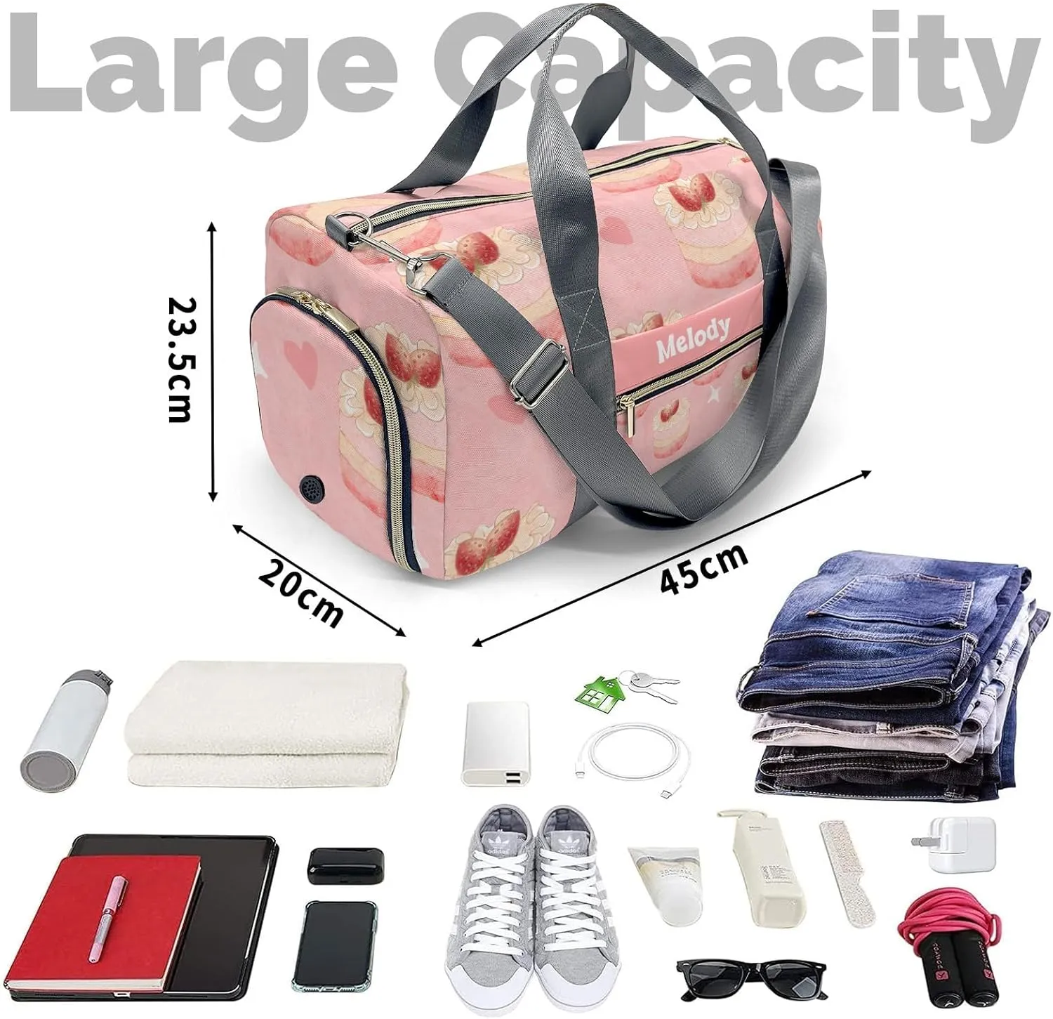 Colorful Cake Dessert Personalized Duffel Bag,Custom Travel Gym Bag with Name,Waterproof Sports Overnight Bag with Shoe Compartment & Shoulder Strap